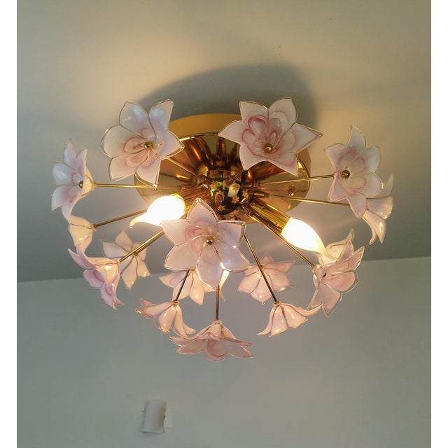 Murano Style Flush Mount Light Pink Flower Ceiling Light Glass Chandelier For Sale - Image 11 of 14