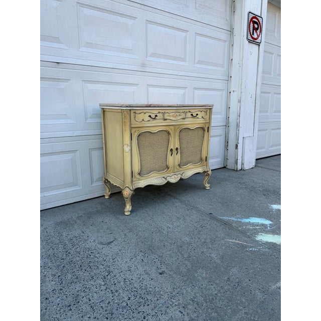 French Provincial Vintage French Provincial Hand Painted Cane Door Cabinet With Marble Top For Sale - Image 3 of 11