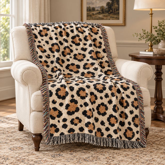 Abstract Leopard Print Woven Throw Blanket, Cotton Tapestry With Fringe – 60 × 50 For Sale - Image 3 of 5