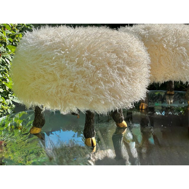 Ottoman/ Footstool: 1 Stool W/Carved Faux “Sheep” Legs and Faux “Lamb” Upholstery / Hand Gilded Legs. Made in Los Angeles by Everage Design Workshop. For Sale - Image 4 of 9