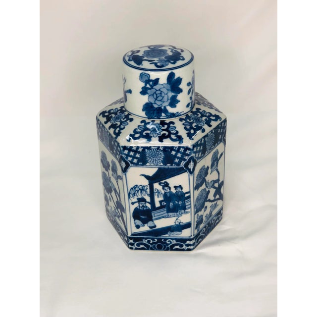Blue and white hexagon lidded jar. No chips, cracks or crazing. See pictures for mark.
