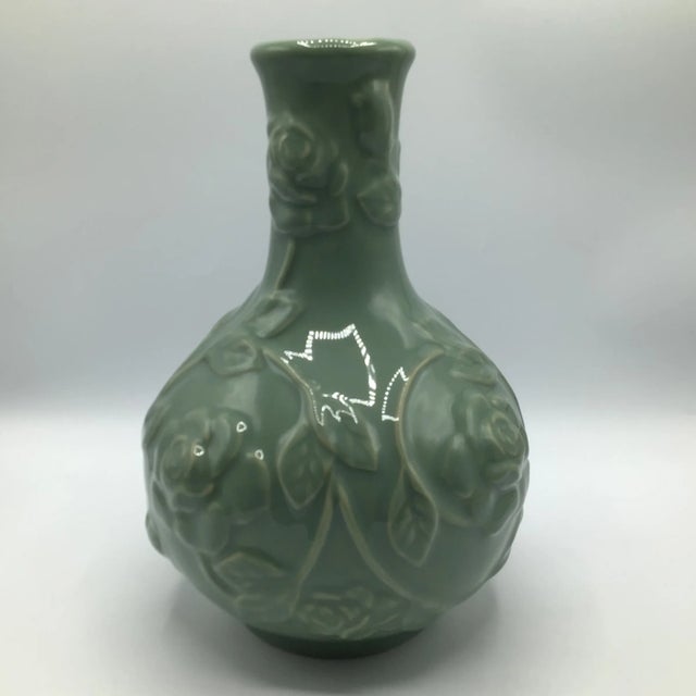 Ceramic Celadon Style Climbing Rose Pattern Porcelain Vase For Sale - Image 7 of 13