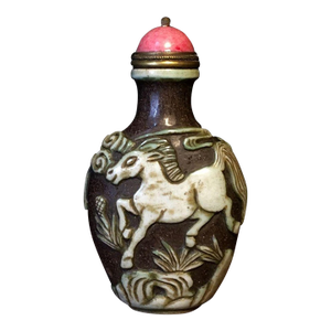 Vintage Carved Liuli Glass Snuff Bottle - Horse & Pine Motif
