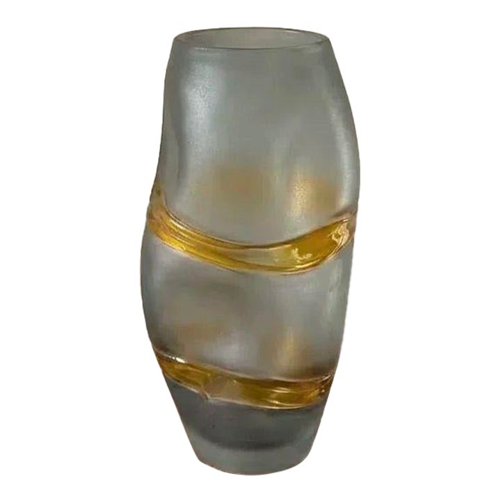 2020s Hand Blown Frosted Grey Art Glass Vase With Wrapped Amber Ribbon ...