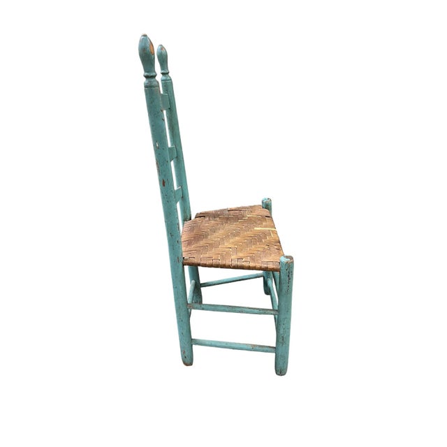 Late 19th Century Pair of 19th Century Primitive Turquoise Ladder Back Chairs With Flat Reed Woven Seats For Sale - Image 5 of 7