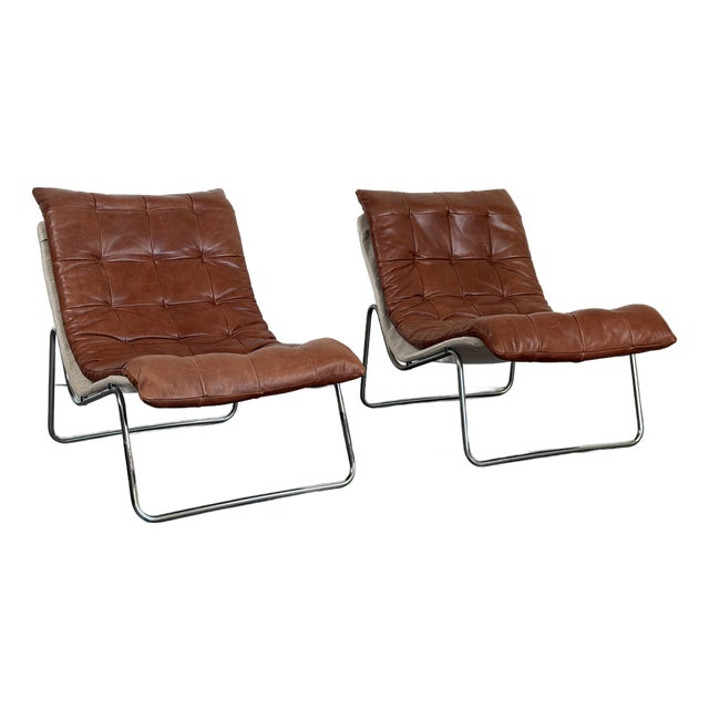 Vintage 1970's Cognac Leather Swedish Lounge Chairs For Sale