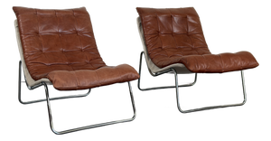 Vintage 1970's Cognac Leather Swedish Lounge Chairs