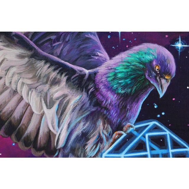 Hold On Tight by Gigi Chen | Acrylic on Wood Panel Bird carrying a blue cage in a cosmic background. For Sale - Image 4 of 4