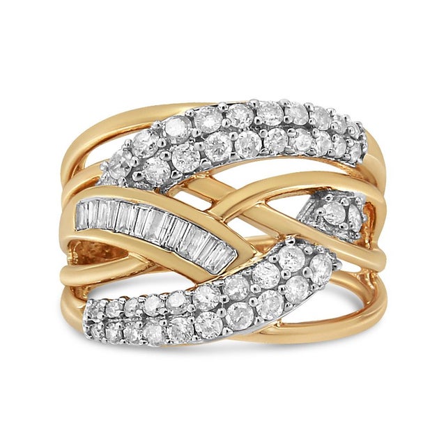 Haus of Brilliance 10K Yellow and White Gold 1.0 Cttw Round and Baguette-Cut Diamond Multirow Interwoven Cocktail Ring (I-J Color, I2-I3 Quality) - Size 7 For Sale - Image 4 of 6