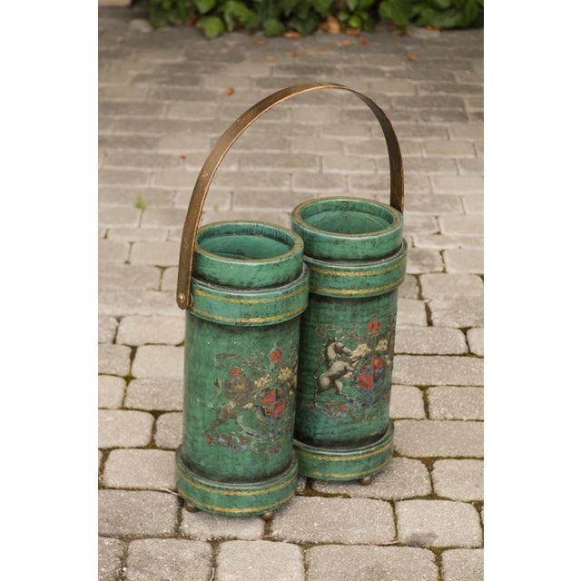 Green English Double Leather Bucket with Handle and Royal Coat of Arms, circa 1920 For Sale - Image 8 of 11