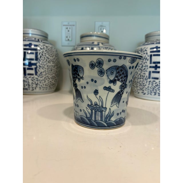 Vintage Blue And White Koi Fish Ceramic Cachepot Planter Vintage blue and white ceramic cachepot decorated with koi fish,...