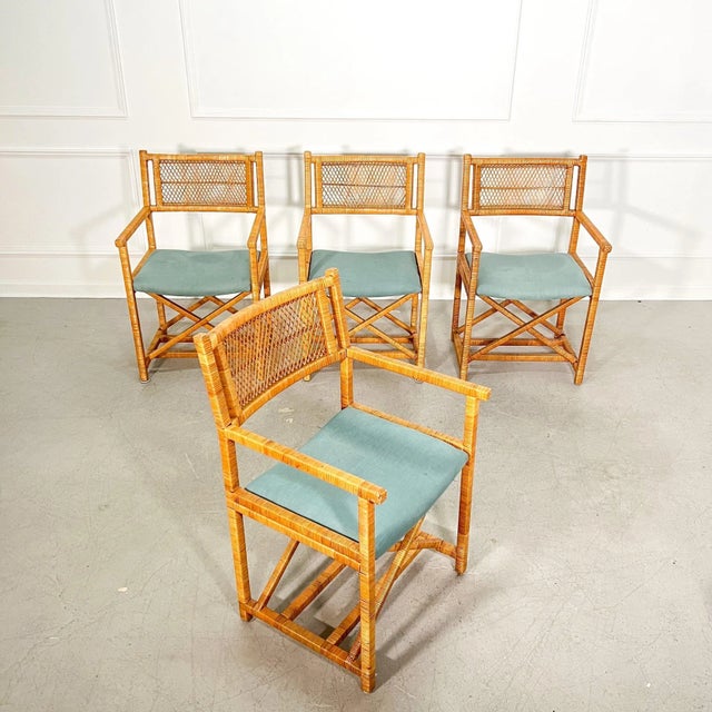 Boho Chic 70's Rattan Wrapped McGuire Style Director's Chairs - Set of 4 For Sale - Image 3 of 9