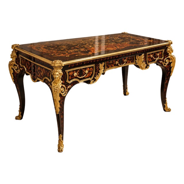 French-Style Executive Desk – Black Finish With Gold Leaf Details & 3 Drawers For Sale