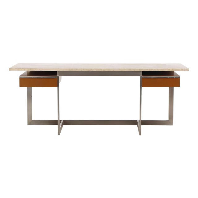 Large Executive Desk With Travertine Top and Steel Base. France, 1970's For Sale