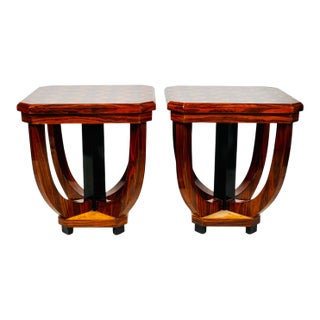 Late 20th Century Pair of Art Deco-Style Inlaid Octagonal Side Tables in Exotic Veneers With Sculptural Bases For Sale