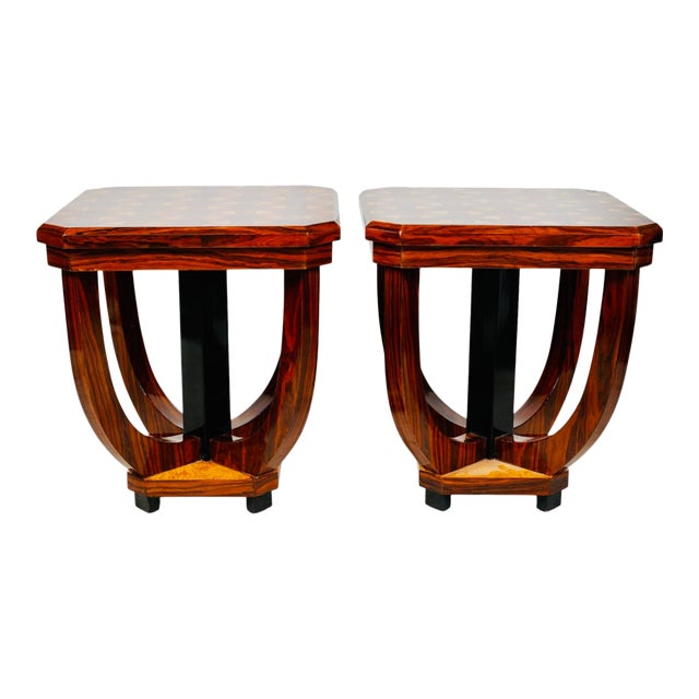 Late 20th Century Pair of Art Deco-Style Inlaid Octagonal Side Tables in Exotic Veneers With Sculptural Bases For Sale