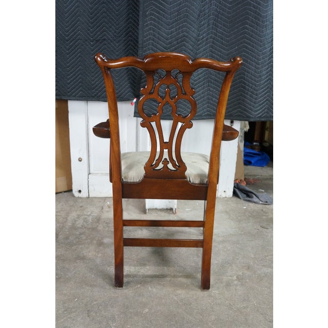 6 Late 20th Century Maitland Smith Chippendale Pierced Mahogany Dining Side Arm Chairs Silk Seats For Sale - Image 16 of 18