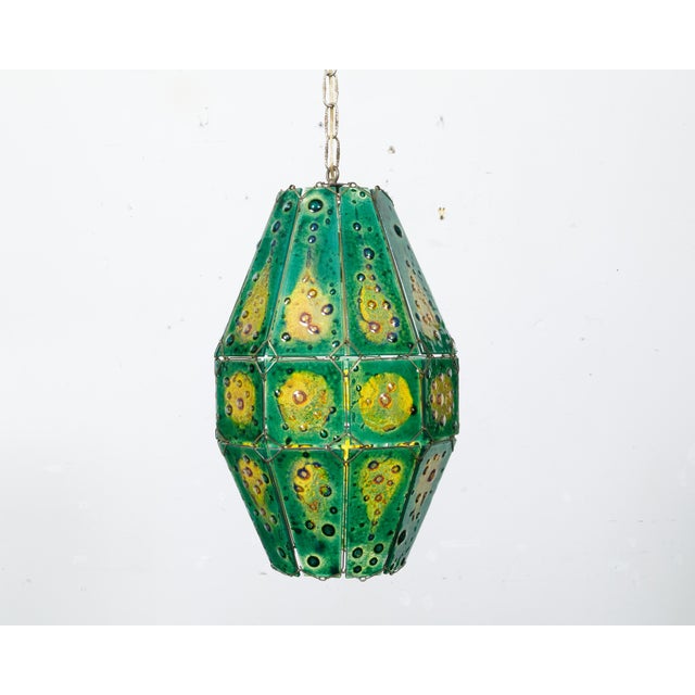 Mid-Century Modern Late 20th Century Felipe Derflingher Art Glass Pendant Light Fixture with Green and Yellow Tones For Sale - Image 3 of 12