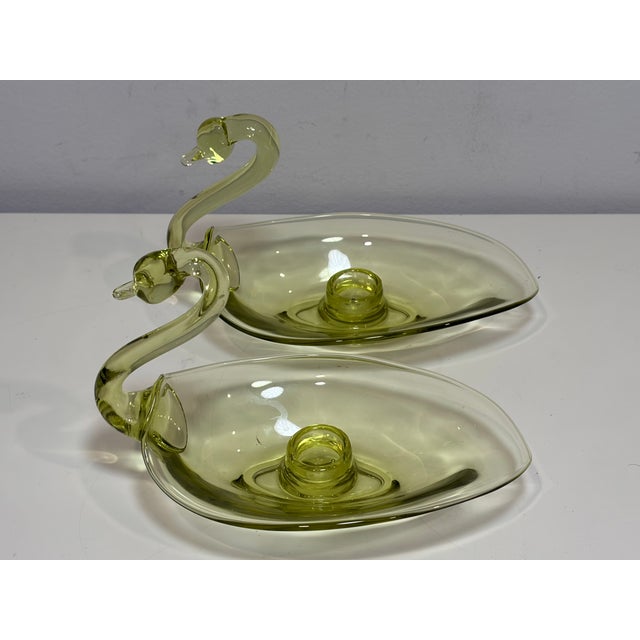 Vintage Duncan & Miller Swan Candle Holder Pair Chartreuse 8" L Art Glass 1940s For Sale In New York - Image 6 of 8