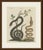 This antique snake print shows a black snake coiled round a young tree and a pale snake rising upright beside it, with a...