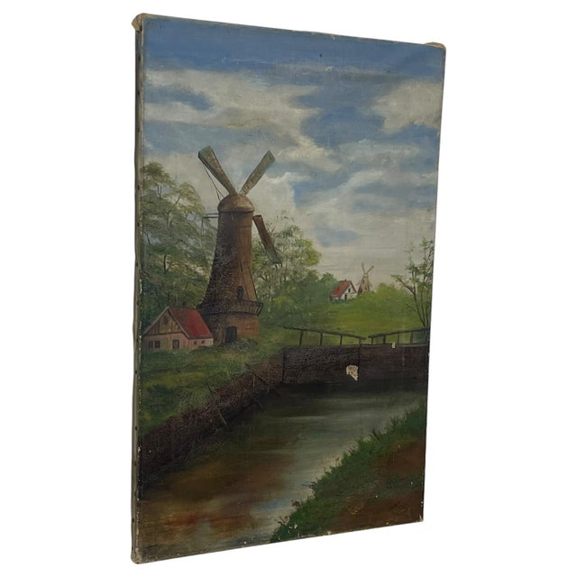 Vintage Windmill Landscape Oil Painting on Canvas, Signed, Rustic Countryside Scene. For Sale - Image 4 of 10