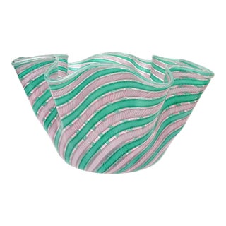 Murano Fratelli Toso Pink Green Ribbons Large Vintage Italian Art Glass Sculptural Fazzoletto Vase For Sale