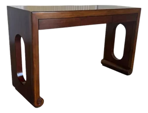 1970s Rosewood/Mahogany 3 Drawer Asian Style Console Table W. Cut-Out Sides & Curved Legs/Feet
