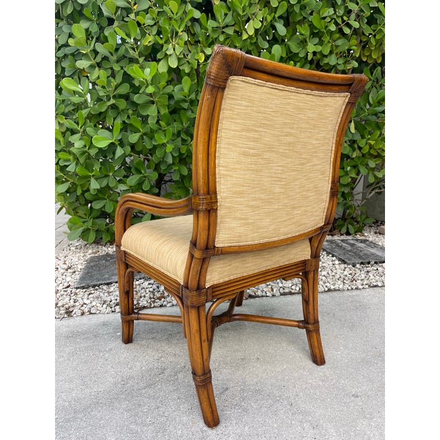 Brown Vintage Organic Modern Rattan Dining Chairs With Arms and Upholstered Seats | Set of 6 For Sale - Image 8 of 10