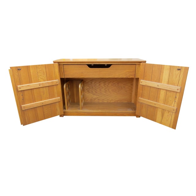Wood Vintage Compact Oak Liquor Cabinet or Petite Sideboard With Rattan For Sale - Image 7 of 12