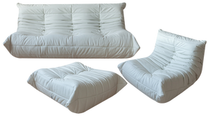 White Leather Togo Lounge Chair, Pouf and 3-Seater Sofa by Michel Ducaroy for Ligne Roset, Set of 3