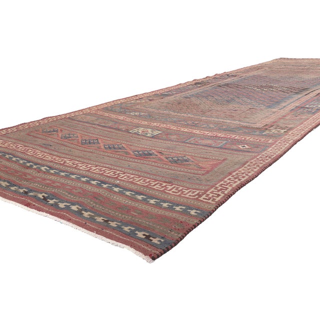 61246 Antique Persian Shahsavan Kilim Rug, 05'03 x 18'00. This handwoven wool antique Persian Shahsavan kilim rug is a...