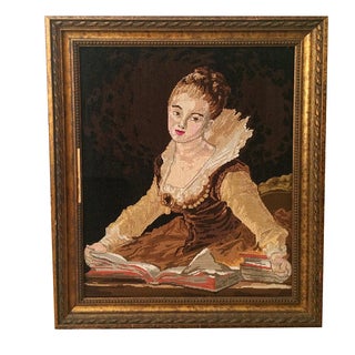 Vintage Needle Point Framed Art of Reading Lady For Sale