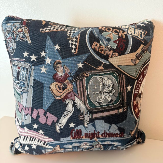 Figurative Vintage Rockabilly Retro Music Tapestry Pillows, a Pair For Sale - Image 3 of 9