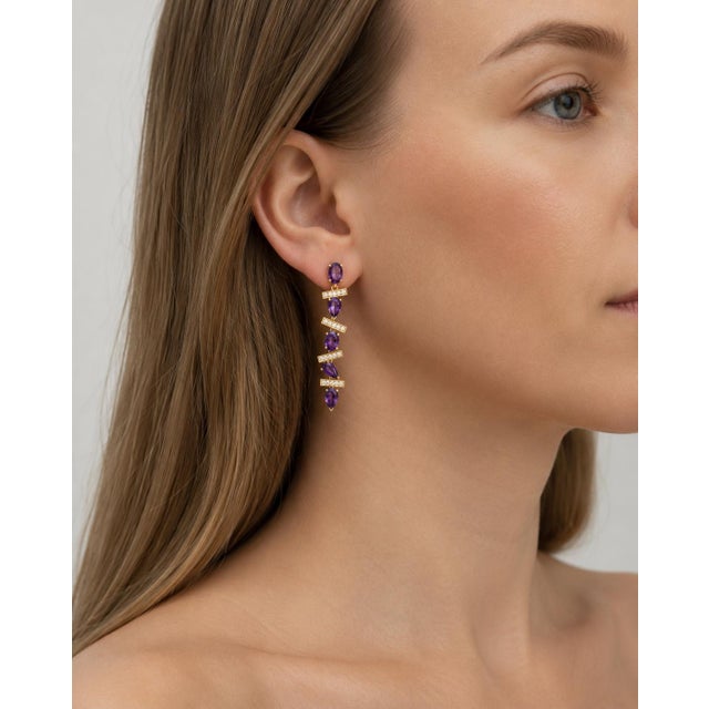 Geometric Amethyst Earrings. Asymmetrical Amethyst Drop Earrings. Contemporary Amethyst Linear Drop Earrings in silver....