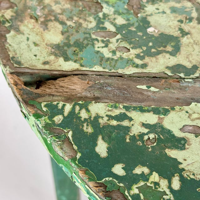 Early 20th Century Demilune Shaped Hand Constructed Wooden Accent Table in Naturally Distressed Avocado Green For Sale - Image 12 of 13