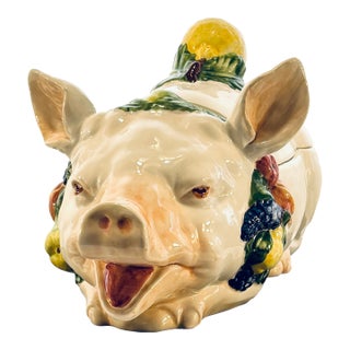 Late 20th Century Vietri Italian Ceramic Pig Tureen With Fruit Finial Lid For Sale
