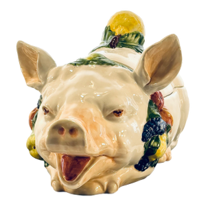 Late 20th Century Vietri Italian Ceramic Pig Tureen With Fruit Finial Lid