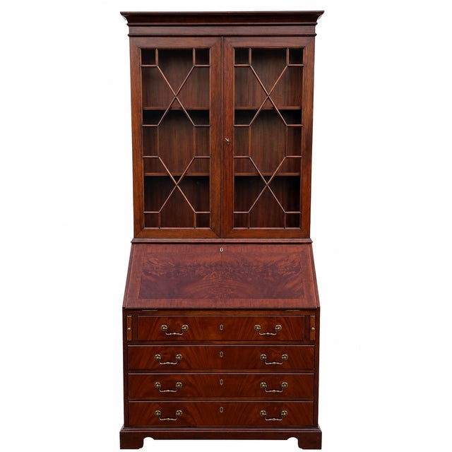 Brown English Mahogany Secretary Desk with Glass-Fronted Cabinet, 1920s For Sale - Image 8 of 8