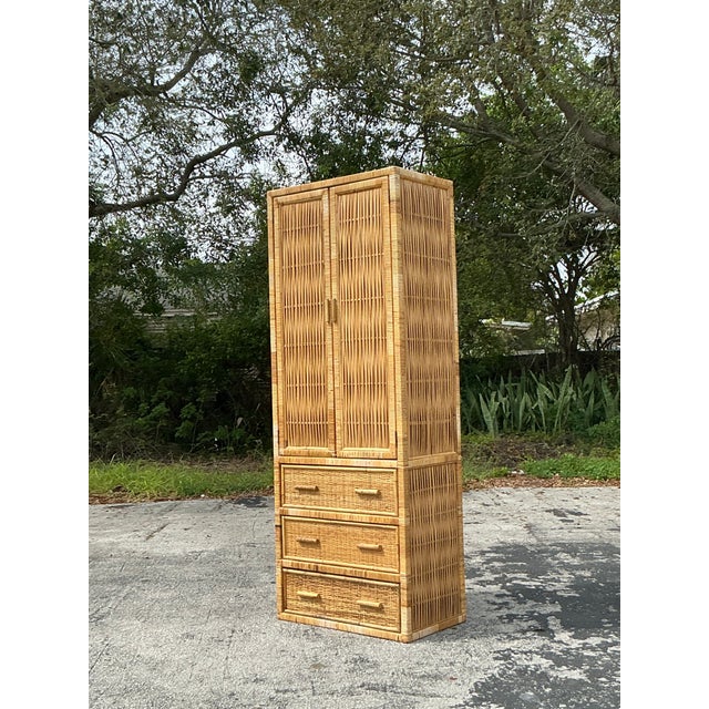 Late 20th Century Vintage Coastal Wrapped Rattan Armoire For Sale - Image 5 of 11