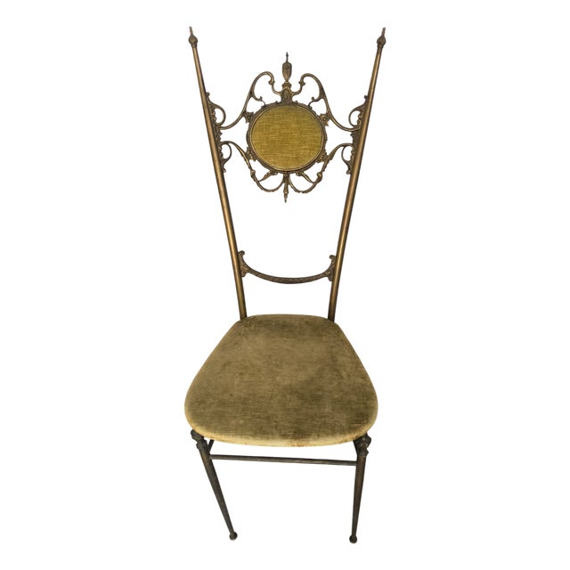 Vintage Brass Chair with Green Velvet Seat For Sale
