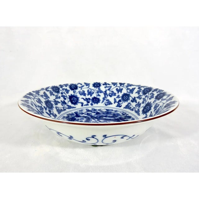 Vintage Japanese Blue and White Porcelain Dragon Bowl or Plate With Flowers For Sale - Image 4 of 7