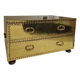 1970s Brass-Clad Riveted Campaign Trunk Coffee Table / 2-Drawer Chest For Sale