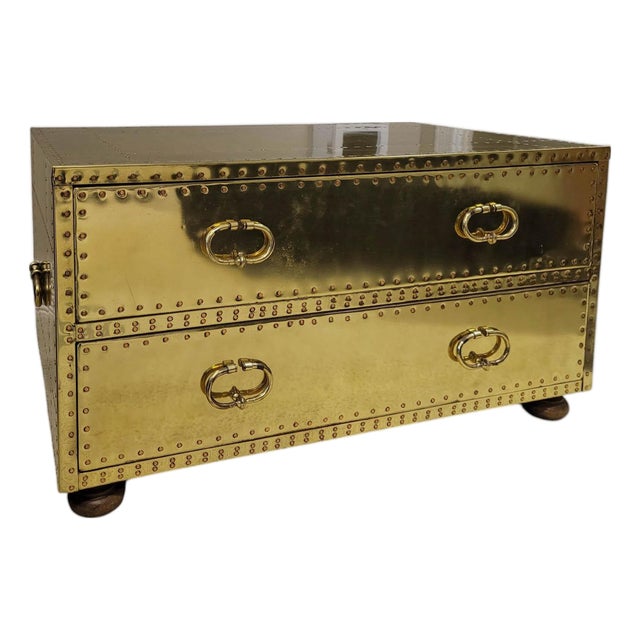 1970s Brass-Clad Riveted Campaign Trunk Coffee Table / 2-Drawer Chest For Sale