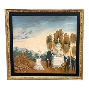 19th Century American Landscape Mourning Silk Embroidery Illustration