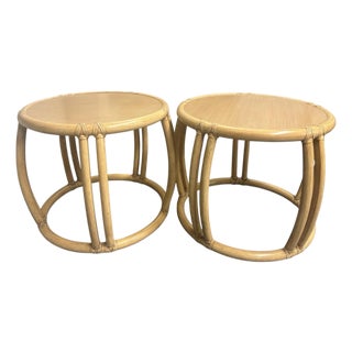 Pair of McGuire Rattan Drum Side Tables For Sale