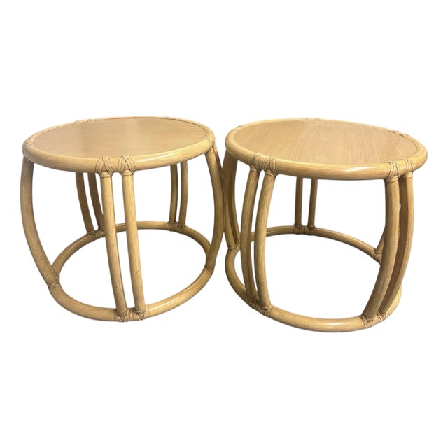 Pair of McGuire Rattan Drum Side Tables For Sale