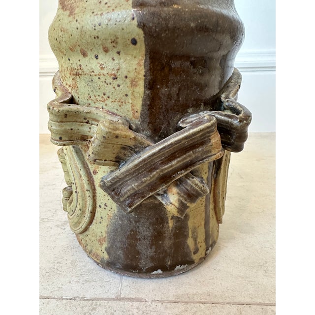 1970’s Vintage Brutalist Large Handmade Pottery Handled Vessel For Sale - Image 12 of 15