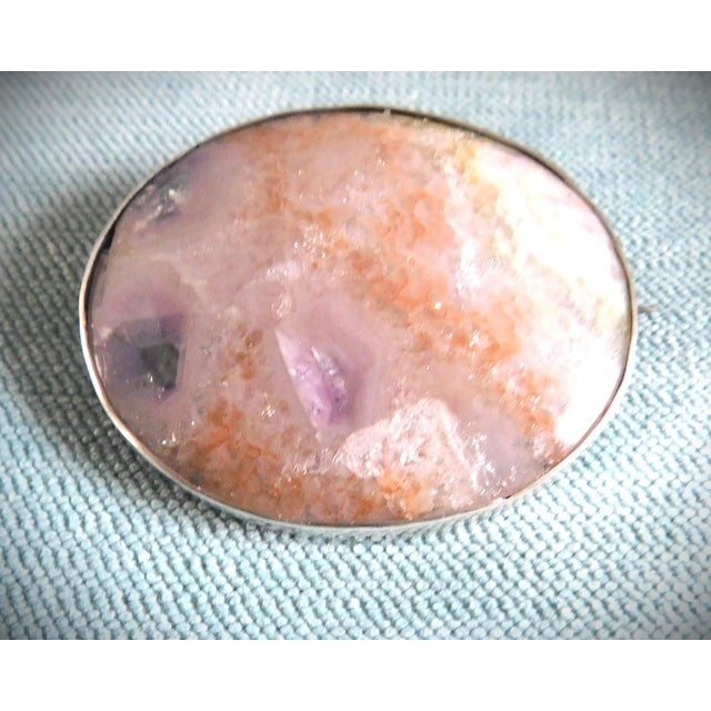 Light Pink Antique Rose Quartz and Sterling Silver 19th C. English Brooch Pin For Sale - Image 8 of 8