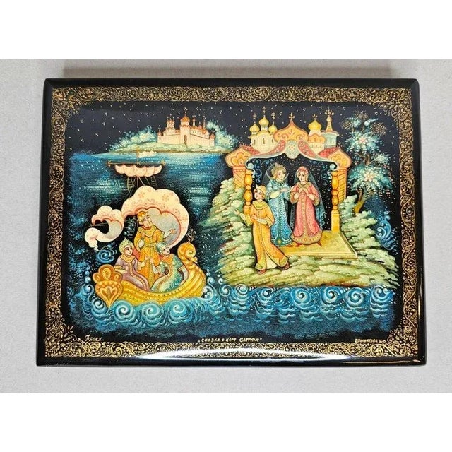 Folk Art Russian Hand Painted Lacquerware Palekh Table Box For Sale - Image 3 of 12