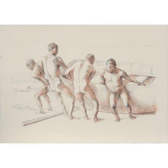A vintage lithograph by Francisco Zuniga, Mexican (1912 - 1998) - Hombres con Barca II, circa 1984. The work is signed,...